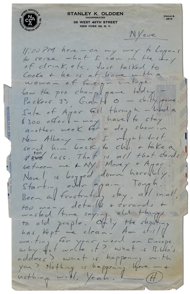 Hunter S. Thompson Autograph Letter Signed on New Year's Eve, 1961 -- ''...Novel is bogged down horribly. Starting over again...'' -- Thompson Also Writes of Football, His Favorite Sport